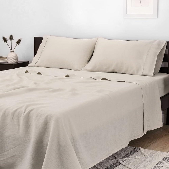 Mellanni 100% Linen Queen Sheets Set - Natural Sheets for Bed Set - Linen Bedding - Fits up to 16" Mattress(Queen, Natural)