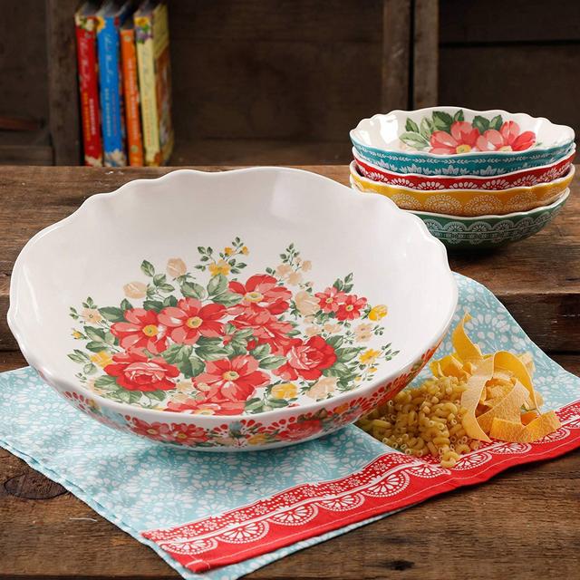 The Pioneer Woman 13" Vintage Durable Round White Floral Pasta Stoneware Bowl Set (5 Piece)