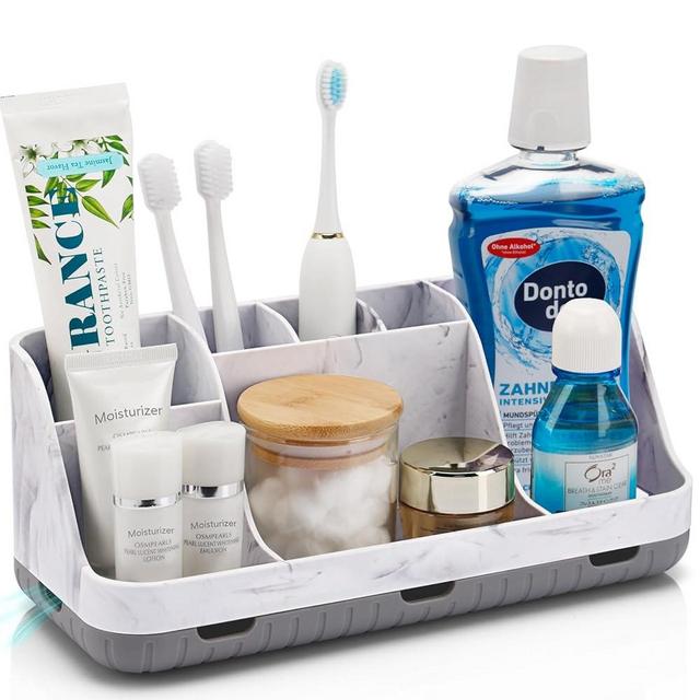 GFWARE Marble Bathroom Countertop Organizer - Detachable 7 Slots Kids Electric Toothbrush and Toothpaste Holde Drainage for Bathroom Accessories Organization Counter Vanity Storage, Grey