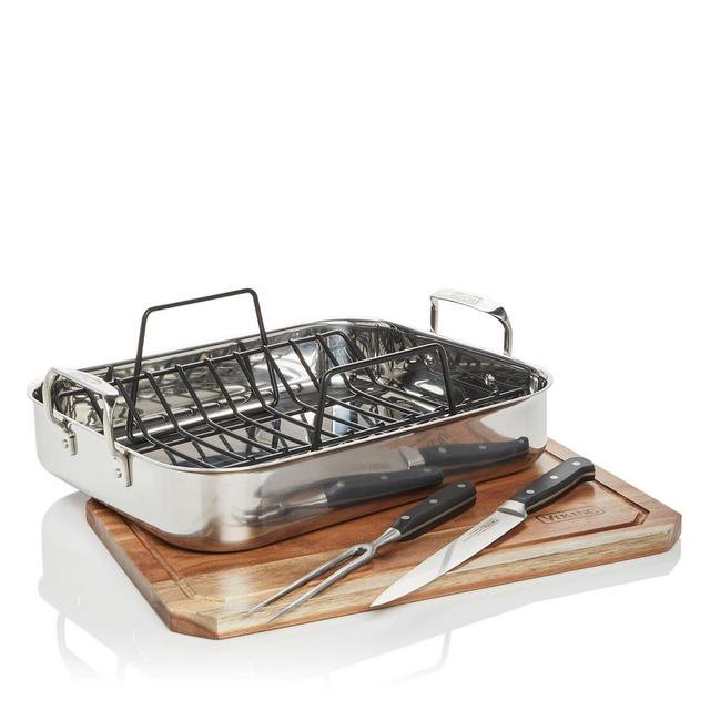 Viking 3-Ply Stainless Steel Roaster with Rack, 2-Piece Carving Set & Carving Board