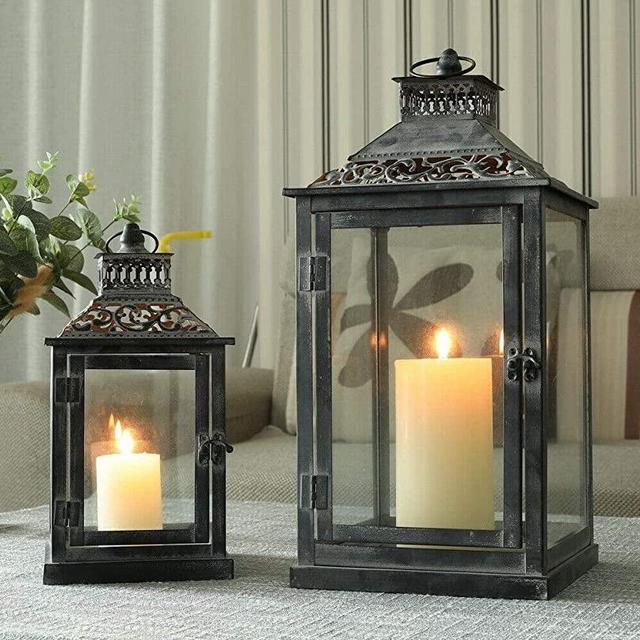 JHY DESIGN Set of 2 Antique Grey Brush Decorative Lanterns, Metal Candle Lanterns for Indoor Outdoor, Events, Paritie and Weddings Vintage Style Hanging Lantern