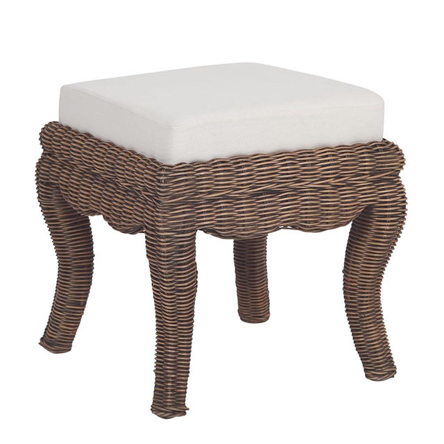 JONATHAN Y VSL1000B Rowan 19.7" Bohemian Designer Woven Rattan/Wood Ottoman Vanity Stool, White Cushion Seat with Black Wash Binded Base, for Living Room, Bedroom, Entryway, Foyer