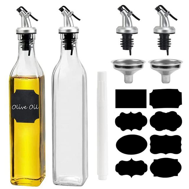 Olive Oil Dispenser Bottle, WERTIOO 2 Pack 17oz Oil and Vinegar Dispenser Set Clear Oil Bottles Container for Kitchen with 4 Spout, Funnel & Pen and Labels
