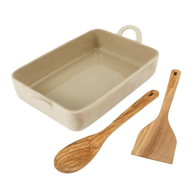 Bloomhouse 3-Piece 4.8-Quart 9 X 13 Ceramic Bakeware Set with Olive Wood Tools – Linen/Taupe Baking Dish with Handles, Oven Safe, Durable Stoneware for Casseroles, Roasting & Serving
