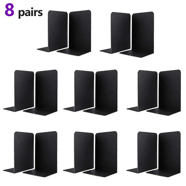 Jekkis 16 Pieces Book Ends, Metal Heavy Duty Bookends for Shelves, L Shaped Black Non-Skid Book Stopper for Magazines DVDs, 8 Pairs