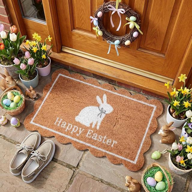 Dunzy Happy Easter Doormat White Bunny Coir Doormat Outdoor Natural Rabbit Welcome Non-Slip Front Mat Decorative Rugs for Indoor Home Farmhouse Entrance Porch Easter Day Party Decor