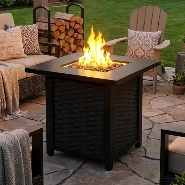 28" Propane Fire Pit Table with Lid, 50,000 BTU Square Outdoor Gas Fireplace, Weather-Resistant, Smokeless 2-in-1 Coffee Table for Small Patio, Deck & Balcony, Black