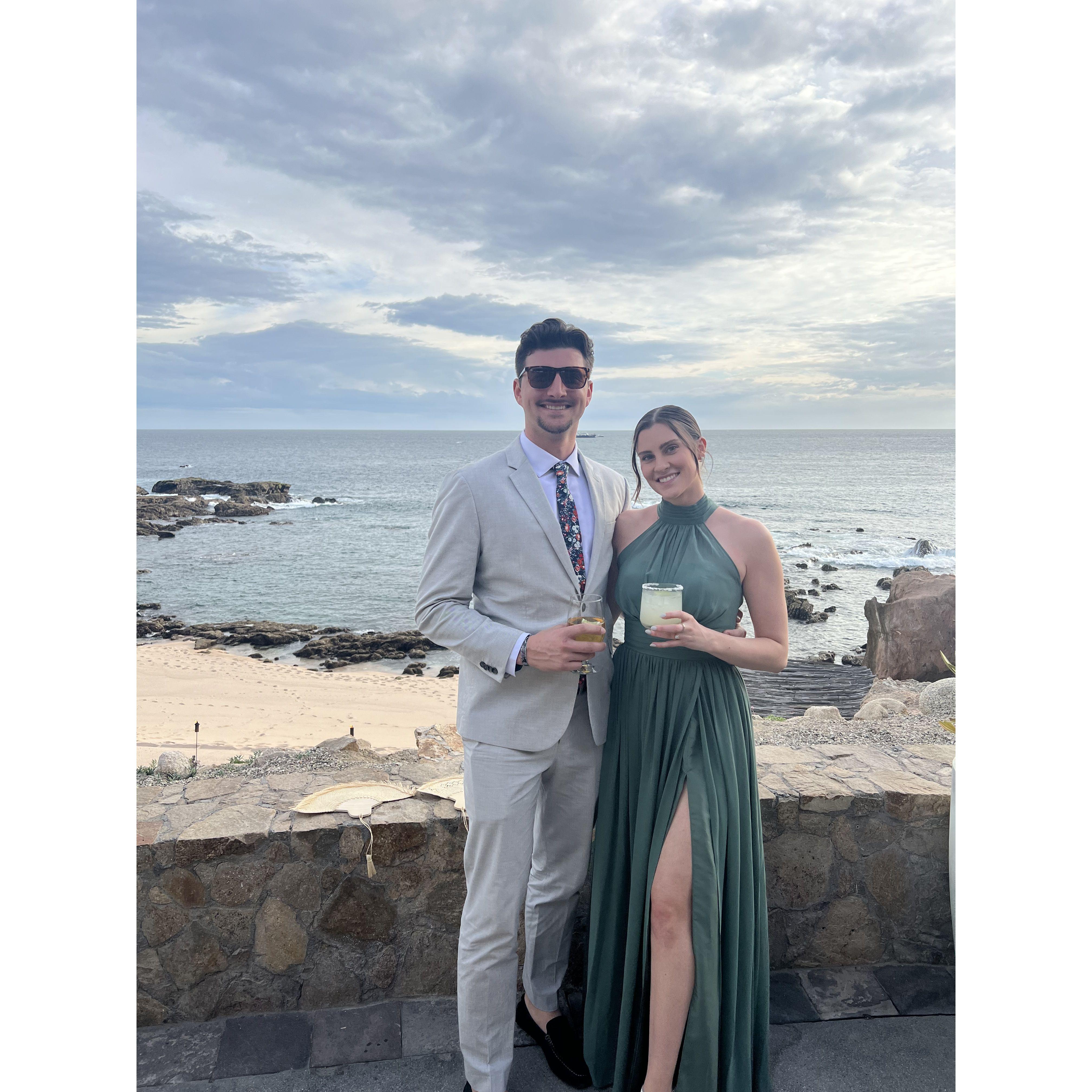 Celebrating our engagement at a friend’s wedding in Cabo.