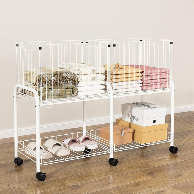 FOLLOWIN Laundry Cart with Wheels,Rolling Wire Laundry Basket Organizer,2 Removeable Wire Storage Basket 38L Capacity Each