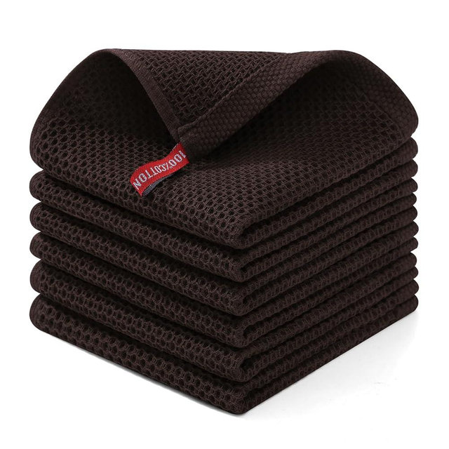 Homaxy 100% Cotton Waffle Weave Kitchen Dish Cloths, Ultra Soft Absorbent Quick Drying Dish Towels, 12 x 12 Inches, 6-Pack, Dark Brown