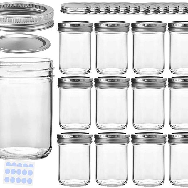 KAMOTA Mason Jars, 8 oz Glass Jars With Regular Lids and Bands, Ideal for Jam, Honey, Wedding Favors, Shower Favors, Baby Foods, DIY Magnetic Spice Jars, 12 PACK, Extra 12 Lids & 20 Whiteboard Labels
