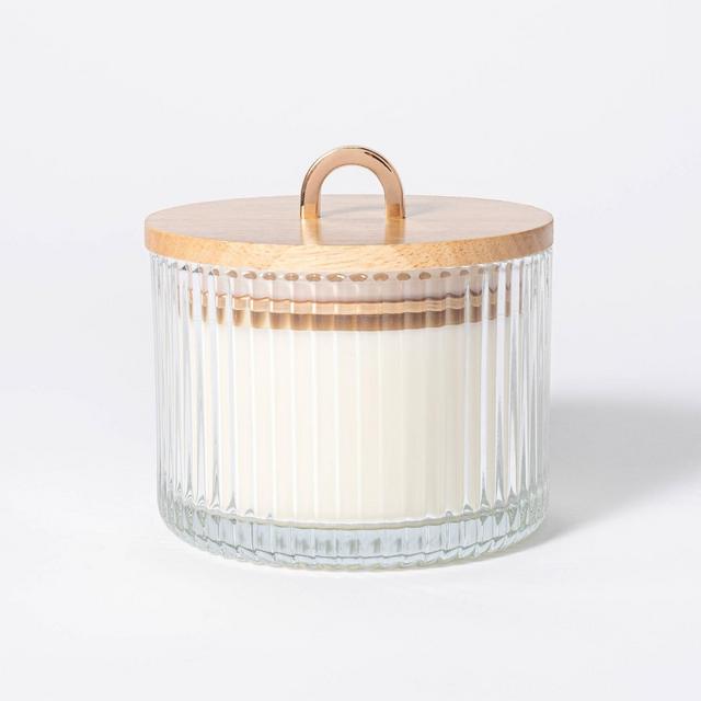 13oz Wood Lidded Ribbed Glass 3-Wick English Pear and Orchid Candle - Threshold™ designed with Studio McGee