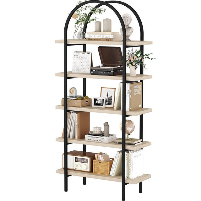 Yusong Bookshelf 5 Tier Arched Bookcase, 74" Tall Industrial Open Book Shelves for Living Room, Modern Freestanding Display Shelving Storage Rack with Metal Frame, Office, Bedroom, Beige Black