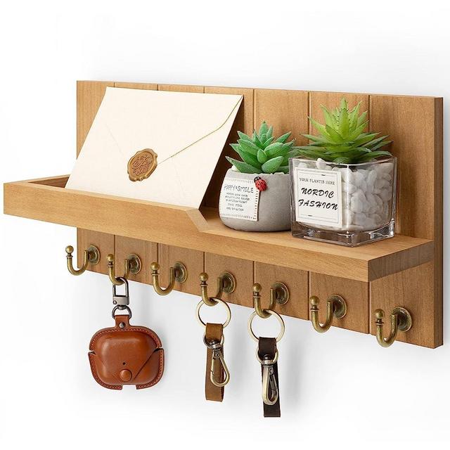 Rebee Vision Decorative Key Holder for Wall Shelf - Farmhouse Wood Wall Hanging Mail Organizer with 7 Sturdy Key Hooks for Home Entryway Decor - Stylish Key Racks (Light Brown)