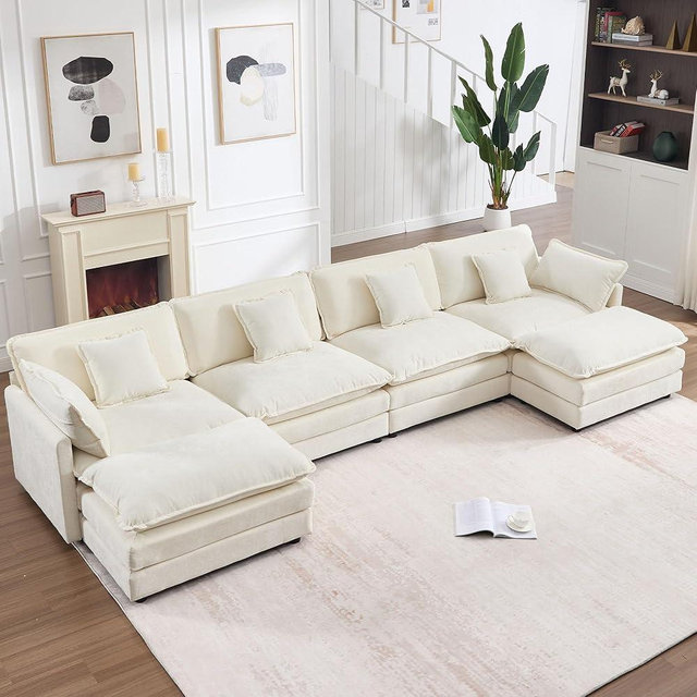 GNIXUU 146“ Oversized Modular Sectional Sofa Cloud Couch for Living Room, Modern Chenille Large U Shaped Couch, Comfy Deep Seat Couches with Reversible Chaise & Cushions(6 Seater, Beige White)