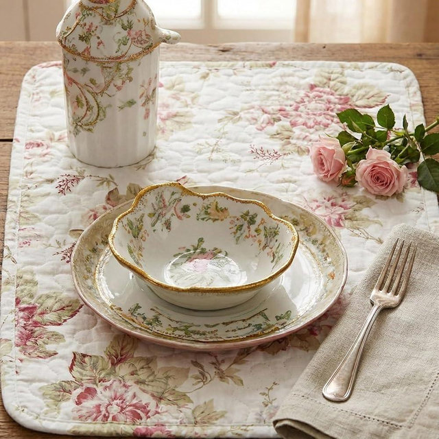 DaDa Bedding Cottage Roses Floral Dining Table Placemats - Set of 4-Pieces Quilted Cotton Dainty Flower Blossoms Garden - Decorative Linen Kitchen Tea Time Ivory White Mats - 13” x 19”