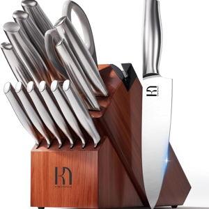 KnifeSaga Knife Set Premium, Japanese High Carbon Stainless Steel 14 Pcs Kitchen Knives Block Set with Built-in Sharpener and Wood Block, Razor Sharp Knife Sets for Kitchen with Ergonomic Handle