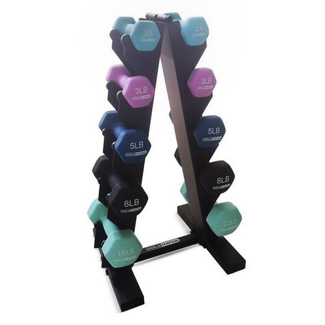 HolaHatha 2, 3, 5, 8, and 10 Pound Neoprene Dumbbell Free Hand Weight Set with Storage Rack, Ideal for Home Exercises to Gain Tone and Definition