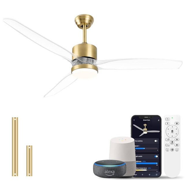 OKELI 52" Smart Ceiling Fan with Light, WiFi Enabled for Alexa & App Control, Reversible Gold Modern Ceiling Fan with Dimmable LED Light and Remote, Clear Blades for Living Room Bedroom