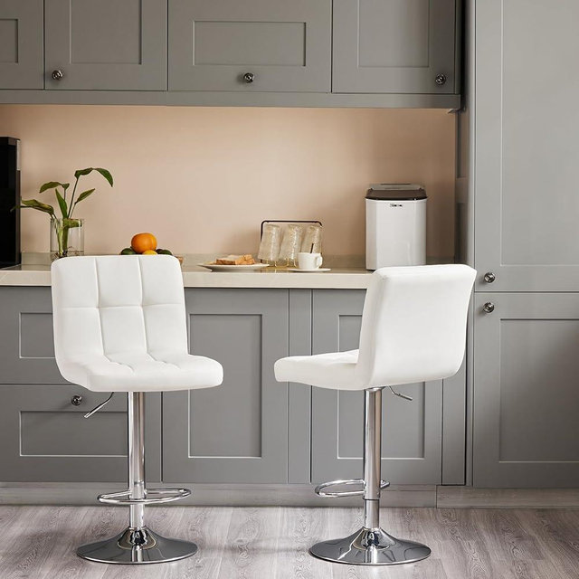 DUMOS Bar Stools Set of 2, 24 inch Counter Height Bar Stools, Upholstered Modern Kitchen Barstools with Metal Base, PU Leather Saddle Stools for Kitchen Island, Snowy White