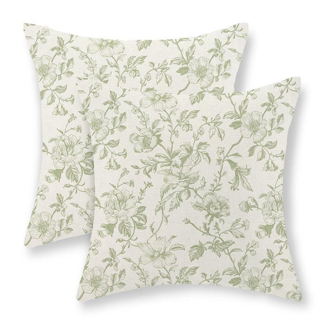 JEFERSO Sage Green Floral Pillow Covers 16x16 Set of 2 Light Green Chinoiserie Floral Decorative Throw Pillows Vintage Rustic Toile Flower Pillowcase Outdoor Decor Linen Cushion Cover for Couch Sofa