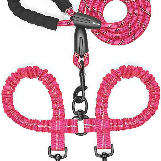 iYoShop Dual Dog Leash, Double Dog Leash, 360 Swivel No Tangle Walking Leash, Shock Absorbing Bungee for Two Dogs, Pink, Large (25-150 lbs)
