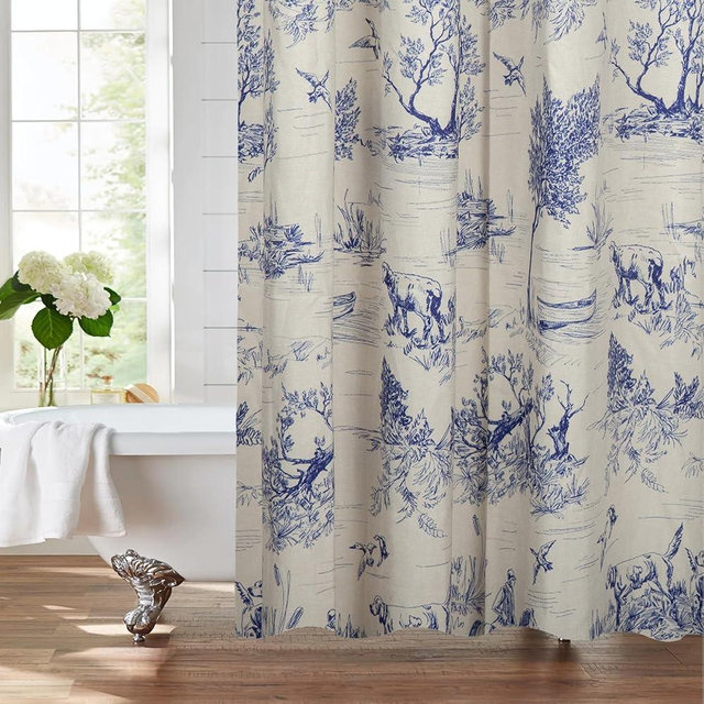 MUGINYU French Toile de Jouy Shower Curtain Linen 72x72 - Blue Countryside Landscape with Sheep, Dogs, Trees, Farmhouse Bath Decor