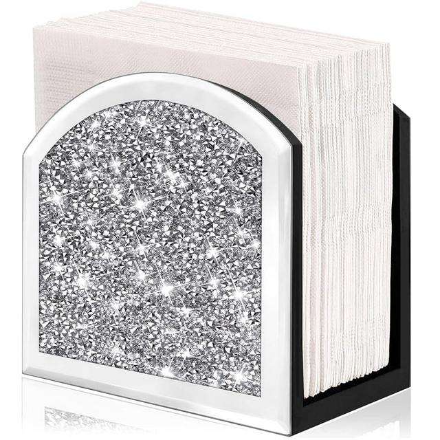 Wocred Mirror Napkin Holder,Crystal Crushed Diamond Vertical Holder,Cute Glass Mirror Napkin Holder for Counter or Table.(5.9”X5.9”X3”)