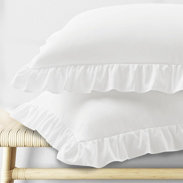 KKJIAF Ruffle Pillow Cases Queen Size Set of 2, Ruffled Pillow Covers with Envelope Closure, Wrinkle Resistant Pillowcases 20" x 30", Ruffled Pillow Shams, White