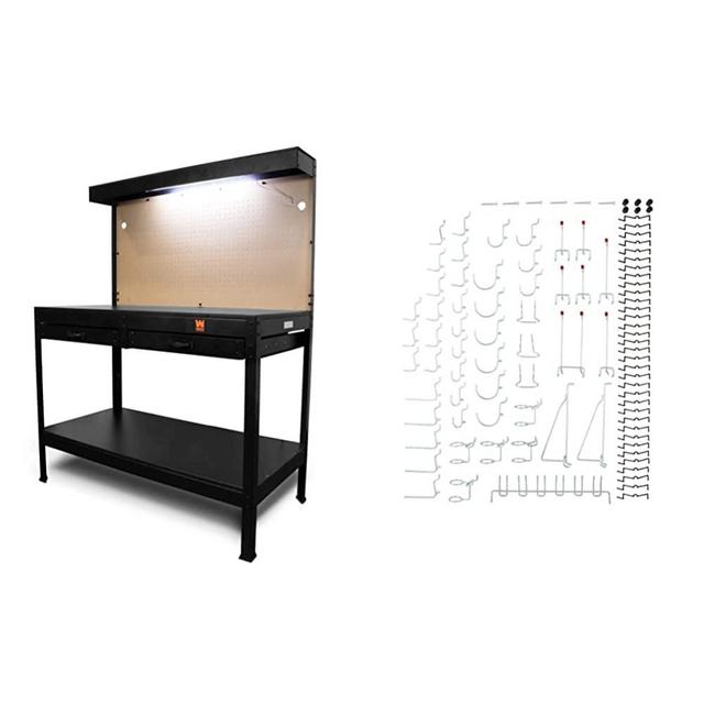 WEN WB4723T 48-Inch Workbench with Power Outlets and Light & National Hardware S819-841 CD8377 51 Piece Peg Board Hook Kit in Zinc,51-Piece Kit