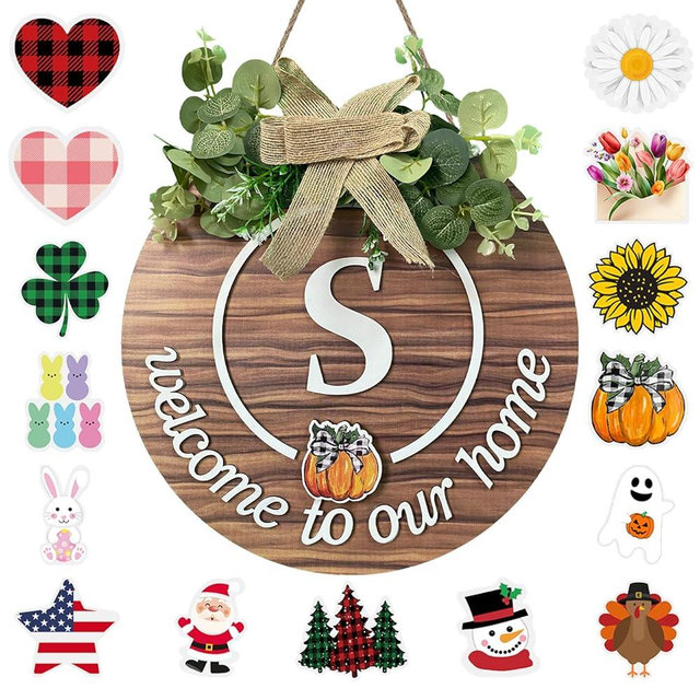 Initial Interchangeable Seasonal Welcome Sign for Front Door Last Name Letter S Front Door Wreath Rustic Home Decor with 15 Changeable Icons for All Seasons Holiday Fall Halloween Christmas Decor