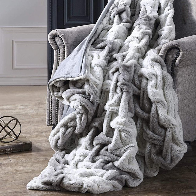 Amrapur Overseas Faux Fur Reverse to Flannel Oversized Braided Throw Silver