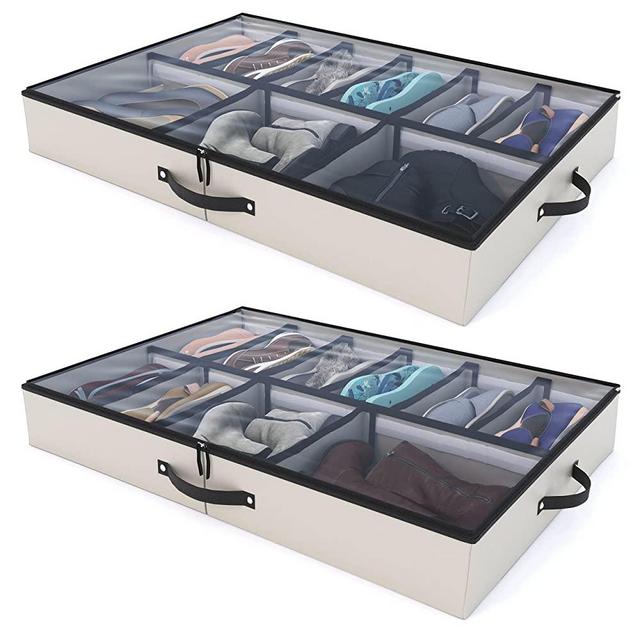 Woffit “THE ULTIMATE UNDER BED STORAGE ORGANIZER” with Adjustable Dividers that fit EVERY SIZE Shoe, Boots, Heels & Accessories - Set of 2 Underbed Organizers Fits 24 Pairs Kids, Men & Women Shoes