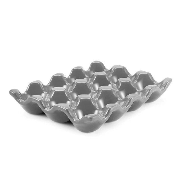 Flexzion 12 Cups Ceramic Egg Holder for Fridge - Dozen Ceramic Egg Tray Porcelain Container Storage Organizer Decorative Serving Stand Serveware for Refrigerator Countertop Display (Gray)