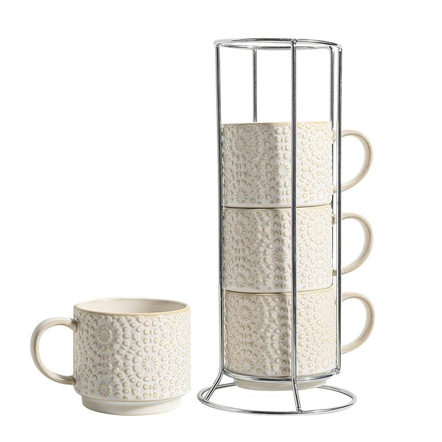 SumitlEyao 6 Oz Coffee Cups Set of 4, Stackable Coffee Mugs with Stand, Ceramic Cappuccino Cup, Embossed Espresso Cups for Latte, Tea, Cocoa, Mocha, Housewarming Present, Dishwasher Safe