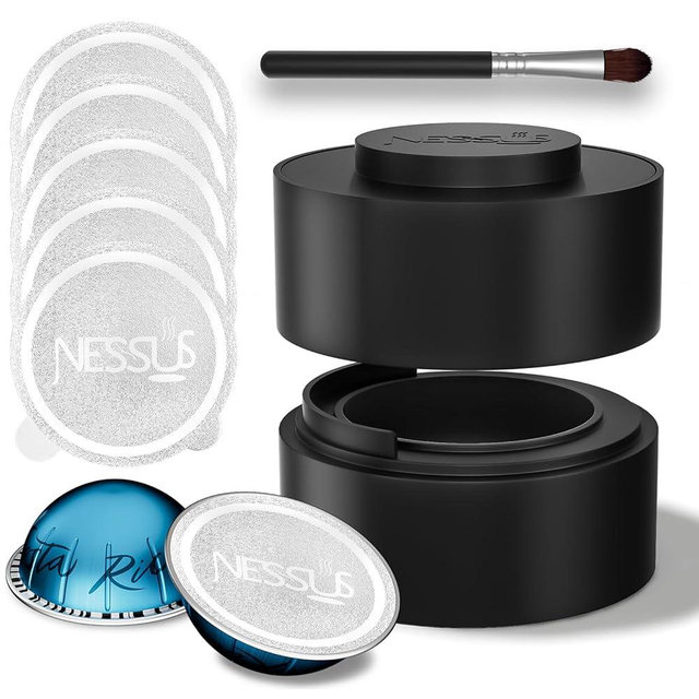 Reusable Pods Kit for Nespresso Vertuo, Refillable Vertuo Coffee Pods Espresso Accessories with 100 pcs Foil Seals Lids, Holder and Brush for Nespresso Vertuo Plus Next Capsule Machine