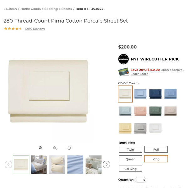 280-Thread-Count Pima Cotton Percale King Size Sheet Set in Cream