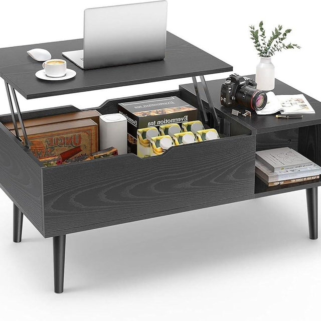 Sweetcrispy Wooden Lift Top Coffee Tables for Living Room, Small Rising Dining Center Tables with Storage Shelf and Hidden Compartment, Classic Black