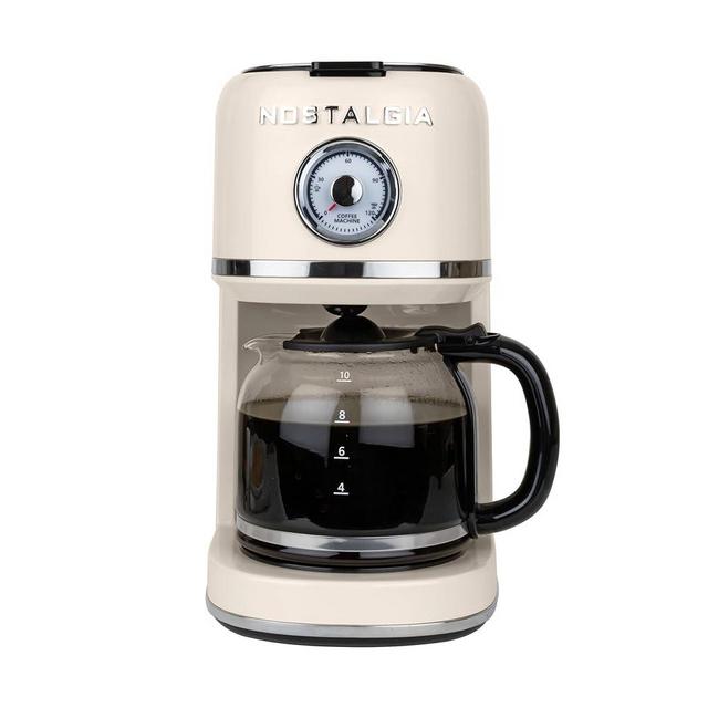 Nostalgia Classic Retro 10 Cup Coffee Maker - One-Touch Drip Brew, Reusable Filter - Anti-Drip, Auto Shutoff, & Time Display - Dishwasher Safe 50 oz Carafe - Cream
