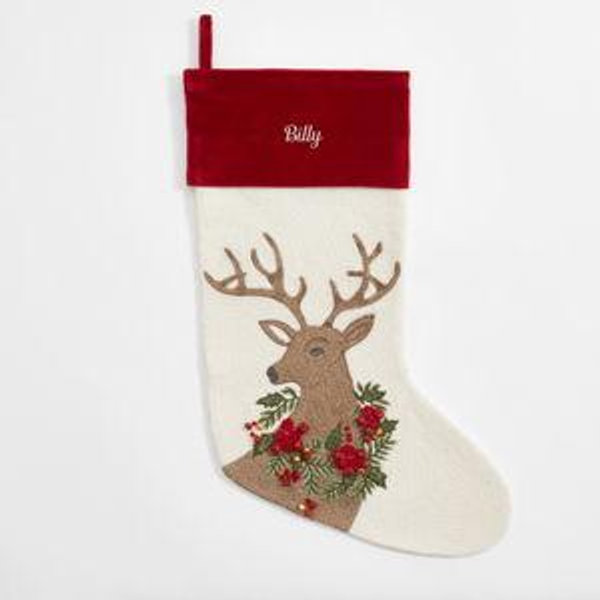 Personalized Holiday Crewel Stocking- Deer (font-Mary, color- eggshell, name- Billy)