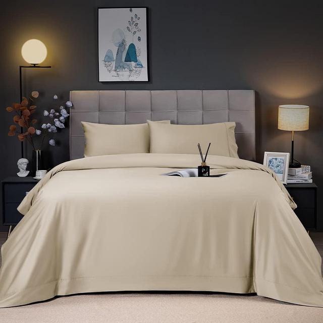 Shilucheng Cooling Breathable Bamboo Bed Sheets Set - King Size,1800 Thread Count Super Silky Soft with 16 Inch Deep Pocket, Machine Washable, 4 Piece (King,Beige)