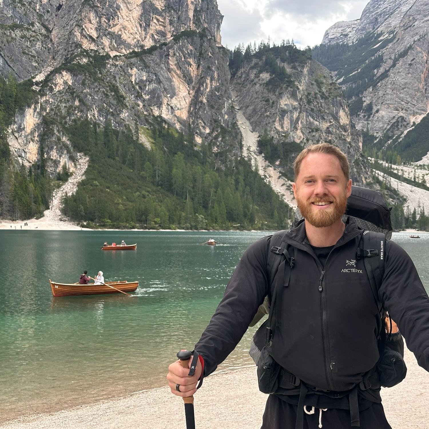 Here is Nate at the start of our Alta Via 1 trail at Lago di Braes. August 2025