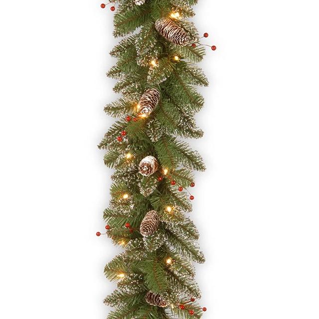 National Tree Company Pre-lit Artificial Christmas Garland | Flocked with Mixed Decorations and Lights | Glittery Mountain Spruce - 9 ft
