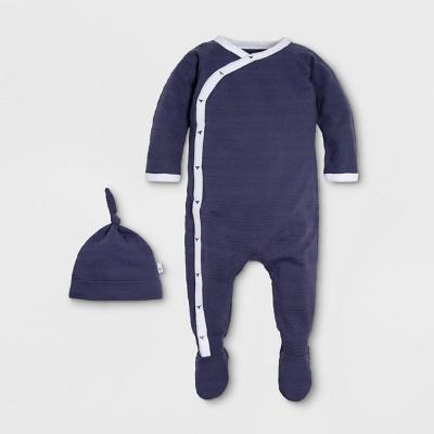 Burt's Bees Baby® Baby Boys' Organic Cotton Jacquard Stripe Kimono Coverall with a Hat Pajama Jumpsuit - Navy ( (3-6 months)