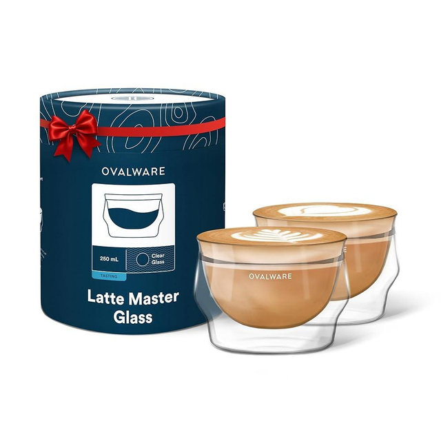 ovalware 8.5oz Double Wall Latte Cups, Latte Set of 2 - Double Wall Glasses for Cold & Hot Drink, Palm-Sized Cups with Wide Rim for Latte Art - Clear Design