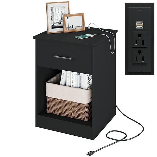 Reettic Nightstand with Charging Station and USB Ports & Power Outlets, Wooden End Table with Drawer and Opening Shelf, Side Table for Bedroom, Black RCTG101BE