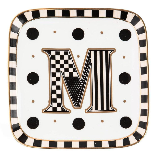 MACKENZIE-CHILDS Monogram Dish, Decorative Ceramic Letter Plate, 5 3/4" Square, M