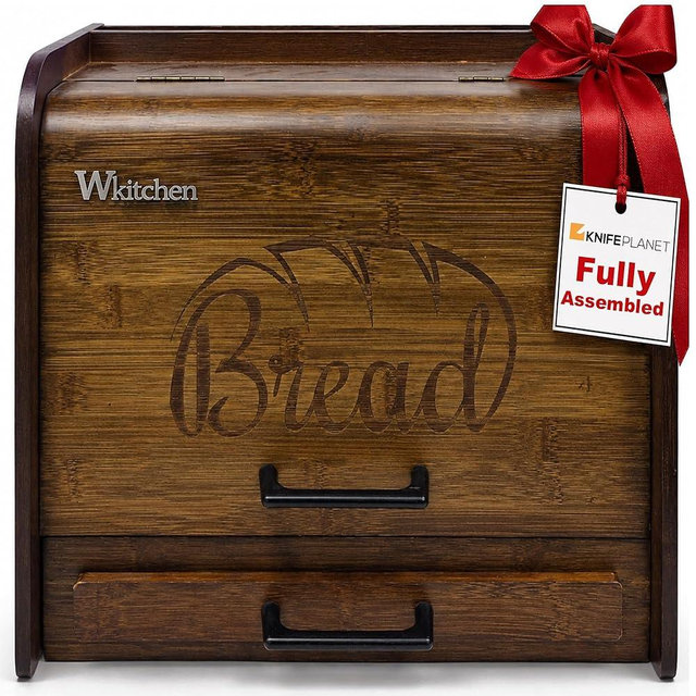 KNIFEPLANET Premium FULLY ASSEMBLED Rustic Brown Bread Box – Extra Large Real Wood Bread Box for Kitchen Countertop Storage, Thick Durable Construction, Double Layer Design (17.5" x 10" x 12")