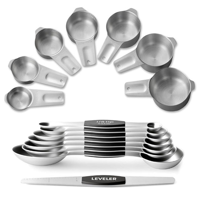 Stainless Steel Measuring Cups & Spoons Set, EWFEN Kitchen Tools Nesting Measuring Cups and Spoons, Set of 15 with Leveler, Black