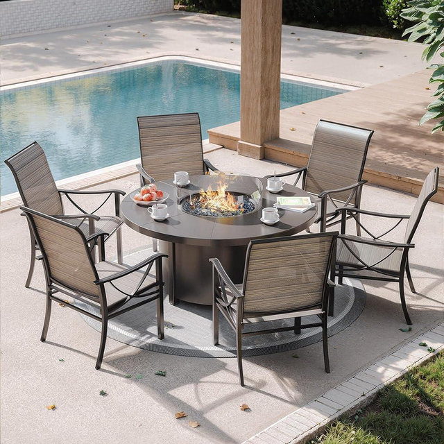 Kurapika 7 Piece Outdoor Conversation Sets, Patio Furniture Set, 6 Textilene Fabric Chairs with Metal Frame and w/48in Propane Round Fire Pit Table for Deck Garden Backyard Porch,Brown